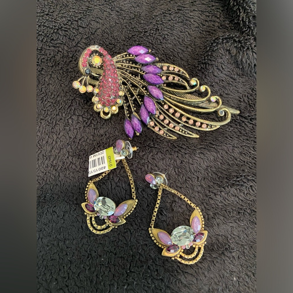 Peacock Gold and Purple Rhinestone Hairpin/Clip with matching earrings